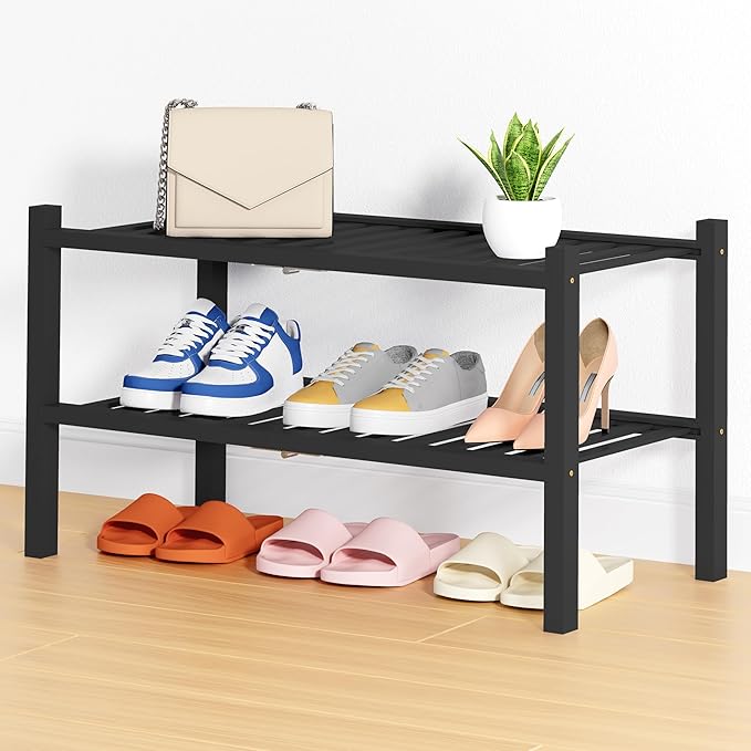 Smiry Shoe Rack, 2 Tier Thick Bamboo Shoe Organizer, Stackable Free Standing Wooden Shoe Storage Shelf for Closet, Entryway, Front Door Entrance, Black