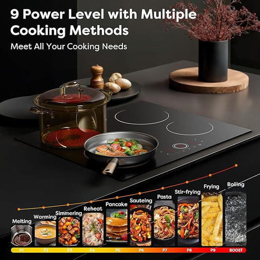 4 Burner Electric Cooktop, CDV 24 Inch, Built-in Electric Stove Top, 220-240v Radiant Cooktop with Child Lock, Touch Control, Residual Heat Indicator, Overheat Protection, Hard Wire (No Plug)