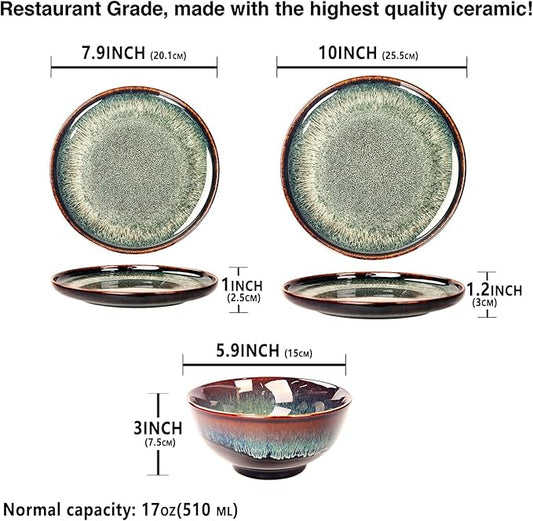Dinner Set 12 Pieces - Round Reactive Glaze Tableware - Kitchen Dinnerware Porcelain Crockery with Dinner Plate, Bowl and Soup Plate Service for 4, Microwave Dishwasher Safe, Set (No.1)
