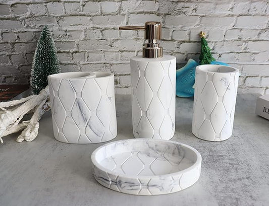 Hymmah Bathroom Accessories Set,Marble Design Toothbrush Holder,Farmhouse Bathroom Decor,4 Pcs Resin Gift Set Apartment Necessities, Contain Toothbrush Cup,Soap Dispenser,Soap Dish,Tumbler