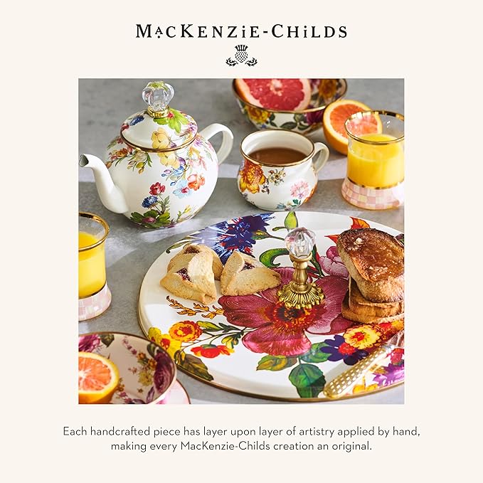 MACKENZIE-CHILDS Cake Carrier, Cake-Dish Serving Platter with Lid and Handles, White Flower Market with Black-and-White Courtly Check