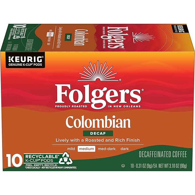 Folgers Colombian Decaf Coffee, Medium Roast, Keurig K-Cup Pods, 10 Count Box
