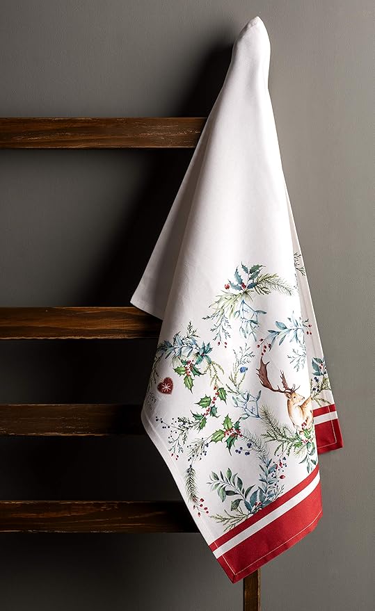 Maison d' Hermine Kitchen Towels Set of 3 100% Cotton 20" x 27.5" Reusable Cloth Tea Dish Towels Absorbent with Hanging Loop for Kitchen Dining Thanksgiving Christmas Decorations (Holly Time)