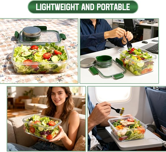 Upgrade Salad Container with Dressing Cup & Fork - Leakproof Airtight Salad Pod, BPA-Free & Dishwasher Safe, 8.27×5.5×4.33in Compact Meal Prep Container for Office/Picnic (Green)