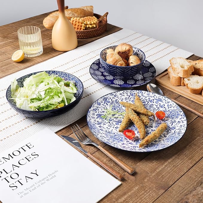 Selamica Dinnerware Sets 16 Piece, Ceramic Plates and Bowls Set, Embossed Dishes Set for 4, Housewarming, Dark Blue