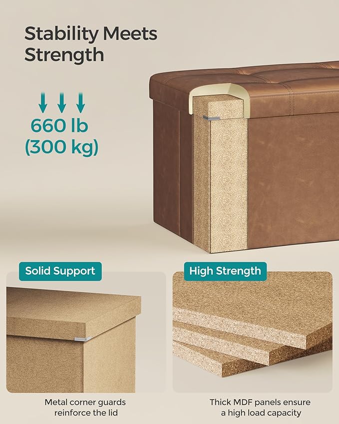 SONGMICS Mazie Collection - 30 Inches Folding Storage Ottoman Bench, Ottoman with Storage, Foot Rest Stool, Load 660 lb, for Living Room, Synthetic Leather, Coffee Brown ULSF040K11