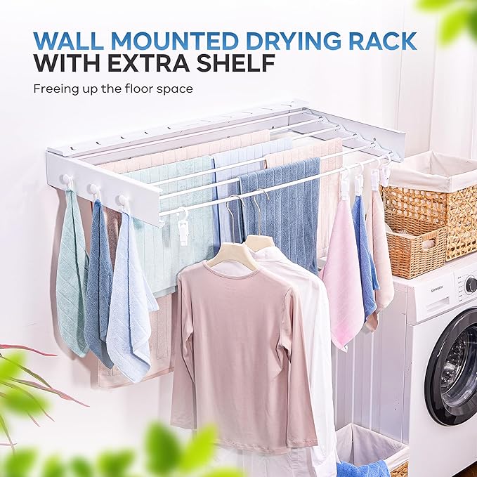 40" Premium Aluminum Foldable Clothes Drying Rack Included Shelf with 6 Rods & 6 Extra Clips - Large Laundry Rack | 65 LBs Capacity Space-Saving Collapsible Design for Indoor Outdoor Use