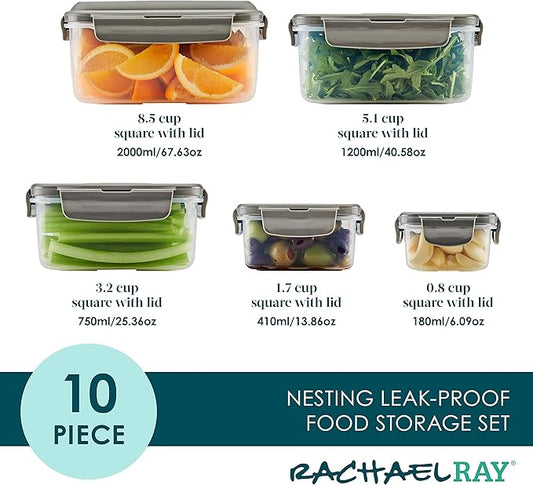 Rachael Ray Leak-Proof Nestable Container Food Storage Bin Set, 10-Piece Square, Gray Lid