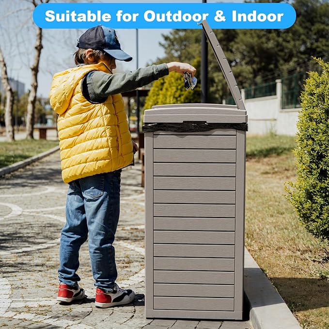 Outdoor Trash Can with Lid, Outdoor Trash Bin & Pull-Out Liquid Drawer, Dual Lid Closure Design, Waterproof Resin Garbage Can Container for Patio, Backyard, Deck (Grey, 38 Gallon)