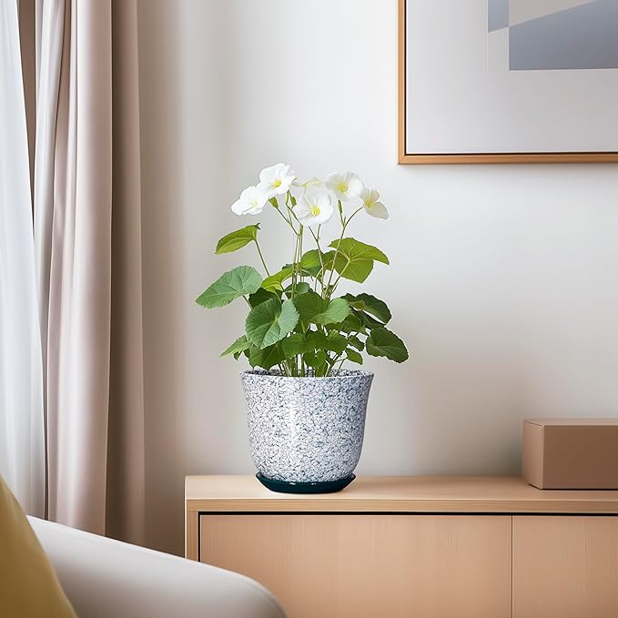 5.6 Inch Plant Pot - Ceramic Plant Pots for Indoor Outdoor, Round Orchid Succulent Pots with Drainage Hole and Saucer, Modern Flower Pot, Home Office Decor, Green-White