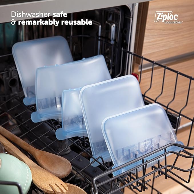 Ziploc Endurables Small Pouch, 1 Cup, Reusable Silicone Bags and Food Storage Meal Prep Containers for Freezer, Oven, and Microwave, Dishwasher Safe, 2 Pack