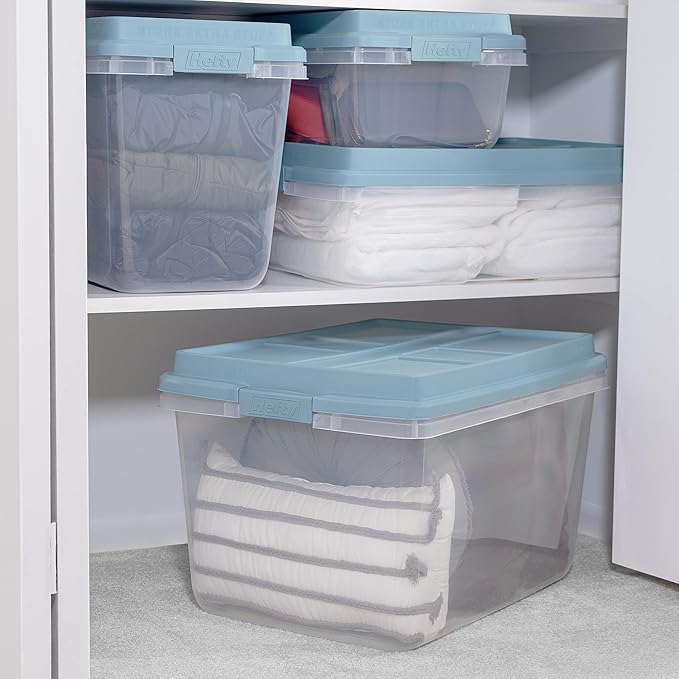 Hefty HI-RISE 18 Qt Plastic Storage Bins with Lids, 8 Pack Clear Stackable Containers with Secure Latching Handles, Under Bed Storage Boxes for Clothes, Shoes, Toys, Closet Organization