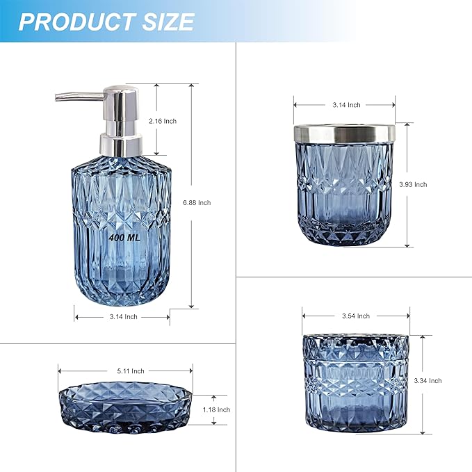 Blue Bathroom Accessories Set, 4Pcs Clear Glass Bathroom Accessories, Lotion Soap Dispenser Set, Toothbrush Holder, Qtips Holder, Soap Dish for Crystal Modern Bath Decor, Set
