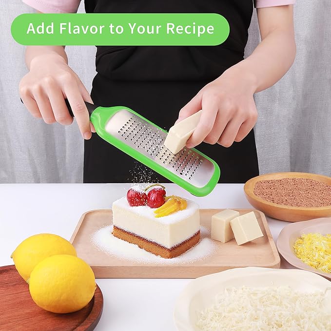 Handheld Cheese Grater, Stainless Steel Lemon Citrus Peeler, Flat Handheld Slicer for Cheese, Lemon, Chocolate and Spices/Crude Hole (Green)