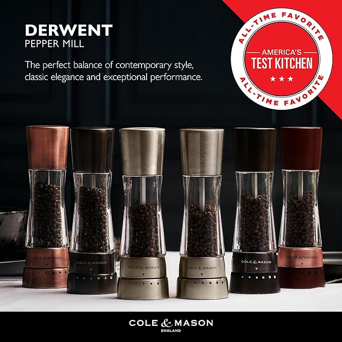 Cole & Mason H332293 Derwent Black Wood Salt and Pepper Mills, Gourmet Precision+, Adjustable Grind, Stained Beech/Acrylic, 190 mm, Gift Set, Includes 1 Salt and 1 Pepper Grinders