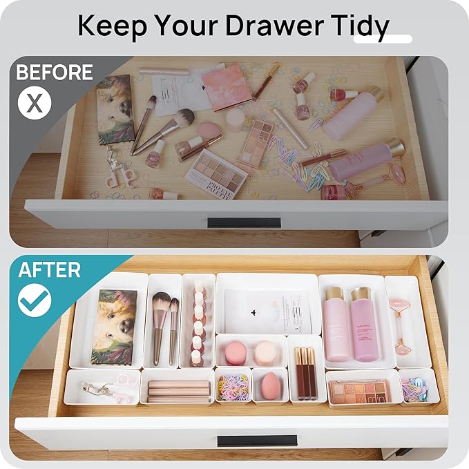 Vtopmart 44 PCS Plastic Drawer Organizers Set, 4-Size Versatile Bathroom and Vanity Organizer Trays, Non-Slip Storage Containers for Makeup, Jewelries, Bedroom,Kitchen Utensils and Office, White