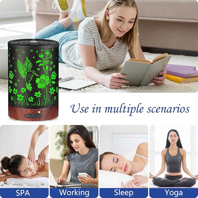 Essential Oil Diffuser- Aromatherapy Diffuser with7 Colors Light and Auto-Off for Women Metal Cool Mist Humidifier for Home and Office for Mom Women(Hummingbird)