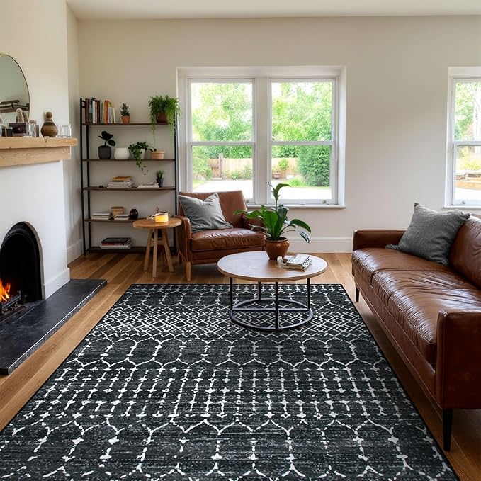 Lahome Moroccan Black Area Rugs 8x10 Living Room - Non-Slip Backing Ultra-Thin Large Rug Throw Stain Resistant Dining Room Rugs for Under Table, Geometric Print Modren Soft Rug for Bedroom Office