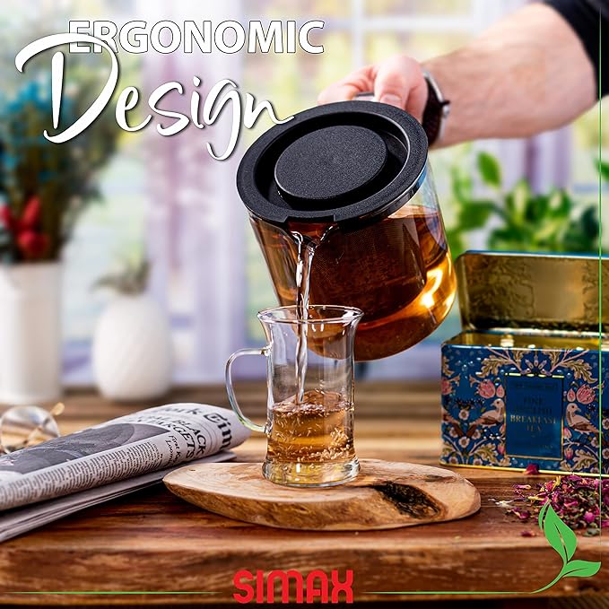 Simax Glassware 1 Quart Teapot with Metal Mesh Infuser | Plastic Lid, Microwave and Stovetop Safe, Heat, Cold, and Thermal Shock Resistant Borosilicate Glass, Makes a Stunning Presentation