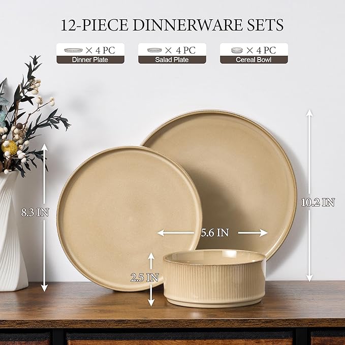 E-far 12-Piece Plates and Bowls Sets, Stoneware Dinnerware Dishes Sets for 4, Kitchen Modern Dining Dishware, Chip & Scratch Resistant, Microwave & Dishwasher Safe, Caramel Khaki