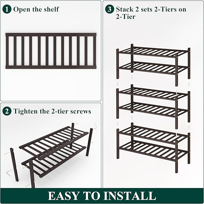 Smiry Shoe Rack, 6 Tier Thick Bamboo Shoe Organizer, Stackable Free Standing Wooden Shoe Storage Shelf for Closet, Entryway, Front Door Entrance, Brown