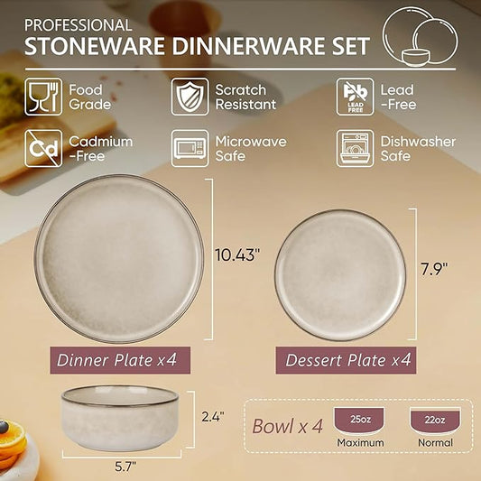 Herogo Stoneware Plates and Bowls Sets for 4, 12 Pieces Modern Round Dinnerware, Reactive Glaze Dishes Set for Kitchen, Chip Resistant, Microwave & Dishwasher Safe, Cream Khaki