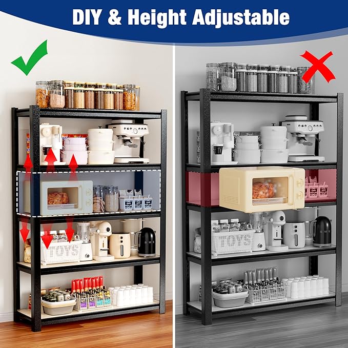 WORKPRO House 3000lbs 5-Tier Shelving Unit, 72" H Adjustable Storage Shelves, Boltless Book Shelf, Shelf Organizer for Kitchen, Living Room, Bathroom, Wood Grain Pattern, Waterproof Board, Black