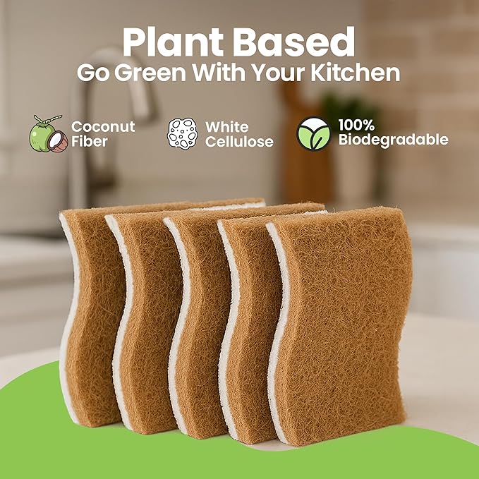 Natural Kitchen Sponges Pack of 12 - Biodegradable Compostable Cellulose & Coconut Scrubber Sponge with Non-Scratch - Long Lasting, Eco Friendly Sponges for Dishes, Heavy Duty Dish Scrubber