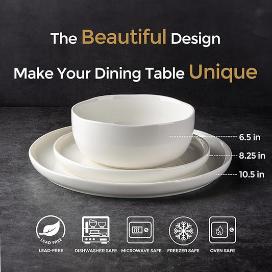 LERATIO Ceramic Dinnerware Sets for 8,Handcraft Wavy Rim Stoneware Plates and Bowls Sets,Highly Chip and Crack Resistant | Dishwasher & Microwave & Oven Safe Dishes set,Service for 8(24pc)-Pearl White