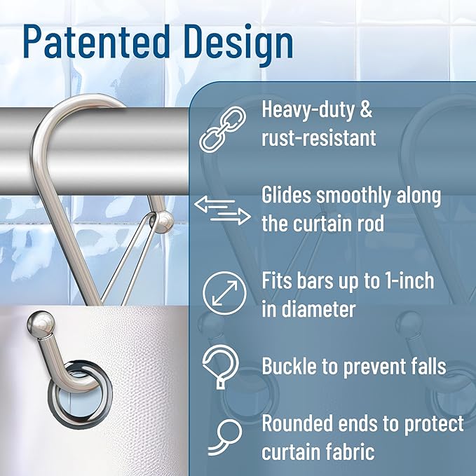Set of 12 Silver Metal S Hook Shower Hooks 1” – Closed, Heavy Duty, Long Decorative Shower Curtain Hooks, Easy Glide, Buckle, Large Rust Resistant Rings for Bathroom Rods (Silver, S)