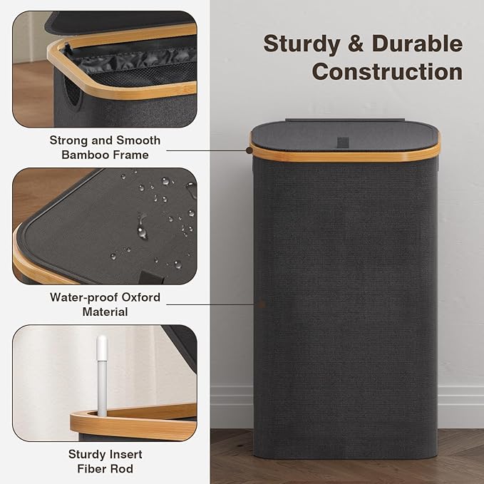 100L Laundry Hamper with Lid, Large Laundry Basket with Bamboo Handles, Clothes Hampers for Laundry with Removable Bag, Dirty Clothes Hampers for Bedroom Aesthetic, Grey