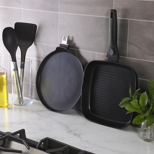 Oster SmartHandle 2-Piece Fry Pan & Pancake Pan Set β Nonstick Cookware with Removable Handle, Oven & Dishwasher Safe, Space-Saving Design