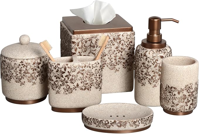 Decozen Bathroom Accessories Set 6Pcs – Soap Dispenser, Toothbrush Holder, Tumbler, Soap Dish & Cotton Swab Jar – Modern Bathroom Decor, Bath Set for Christmas Decor