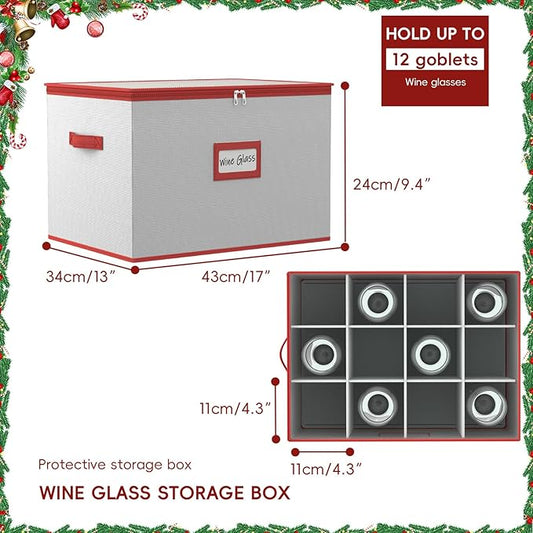 homyfort Wine Glass Storage Box with Dividers, China Stemware Storage Containers Hard Shell, Service for 12 Crystal Wine Glasses Or Goblet (Grey)