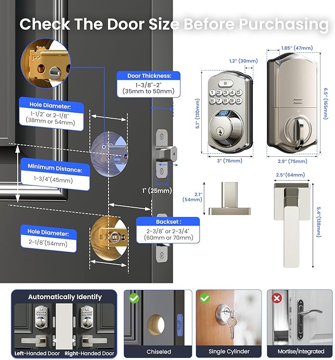 Veise VE012W-L Built-in WiFi Fingerprint Smart Lock with Lever Handle Set, App Remote Control, Keyless Entry for Front Door, Deadbolt Digital Backlit Keypad, Voice Assistant, Auto Lock, Satin Nickel