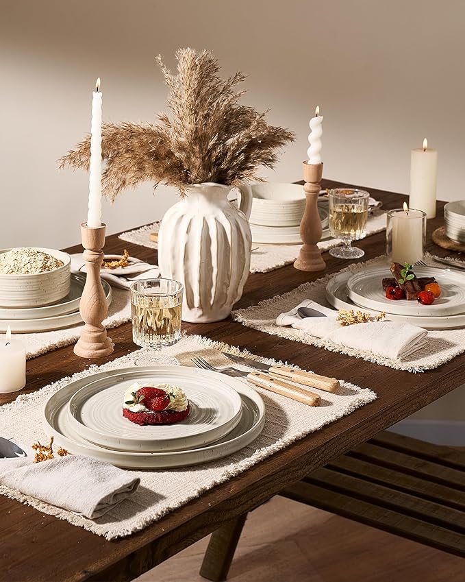 Stoneware Dinnerware Sets, Dish Set for 8, 24 Pieces Spiral Dishware Set with Straight Rim, Speckles & Reactive Glaze - Microwave and Dishwasher Safe Tableware, Shell Beige