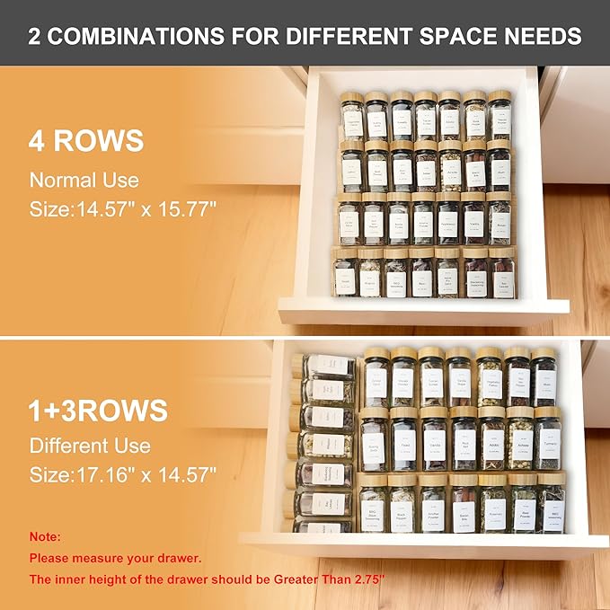 Spice Drawer Organizer with 28 Bamboo-lidded Spice Jars,216 Labels,25 Non-slip Rubber, Bamboo 4 Tier Seasoning Rack Tray Insert for Kitchen Drawers,Cabinets,Countertop,14.6" Wide x 15.8" Deep