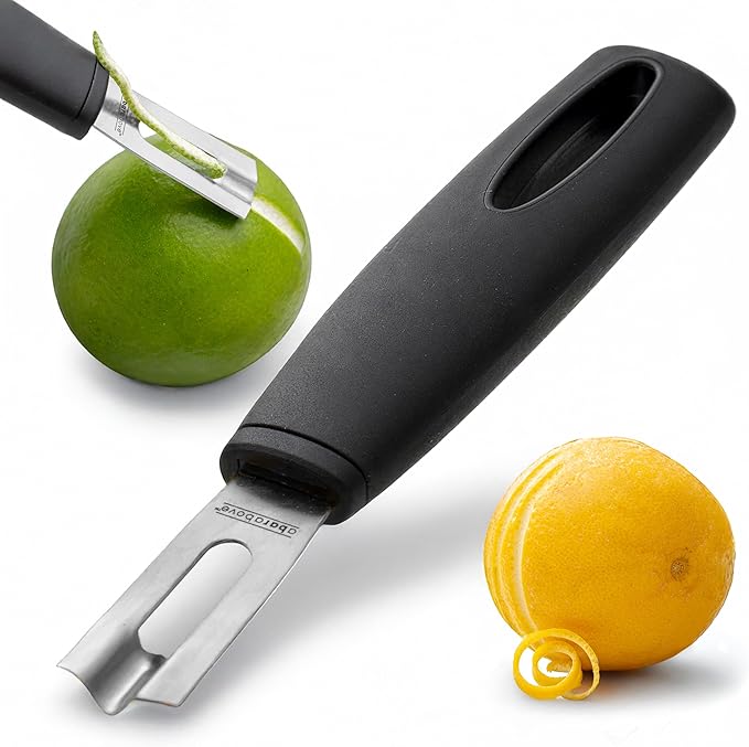 A Bar Above Black Handle Stainless Steel Channel Knife, Chef-Grade Citrus Garnish Tool, Zester and Fruit Peeler for Cocktails, Culinary Presentation, and Kitchen Use