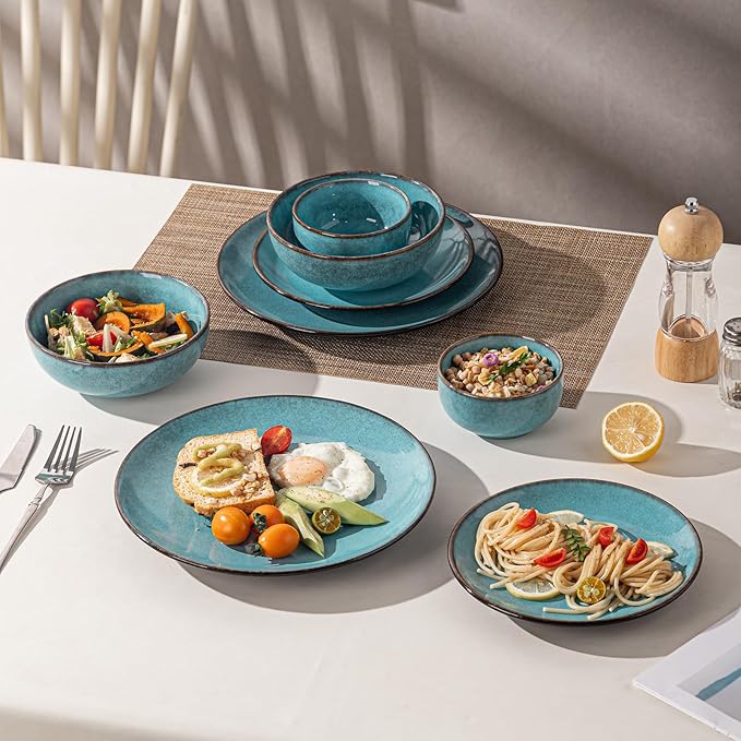 16 Piece Dinnerware Sets for 4, Scratch Resistant,microwave oven and Dishwasher Safe Plates and Bowls Sets Ceramic, Dish Set, Bowl and Plate Set -Kiln turned sea blue