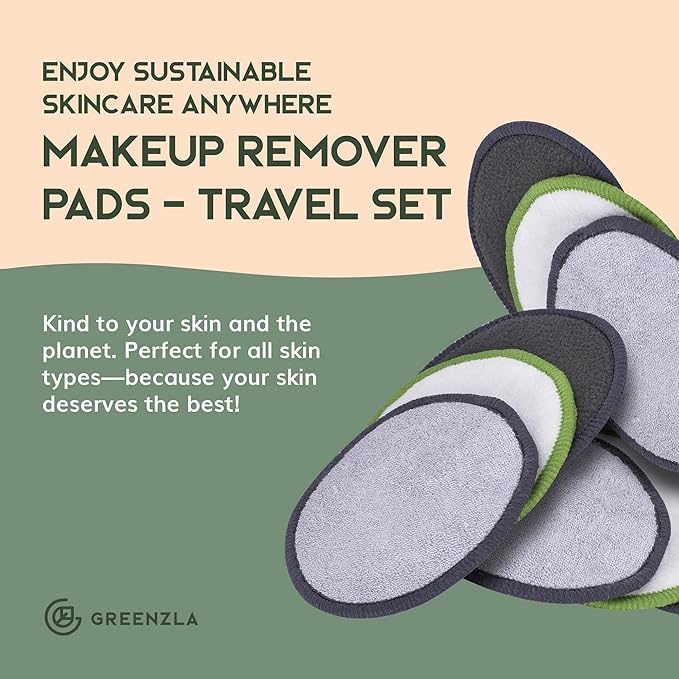 Greenzla Reusable Makeup Remover Pads Travel Set - 12 Pack Microfiber Cotton Pads, Dark Charcoal Cotton Rounds, and Bamboo Terry Face Wipes for All Skin Types with Mesh Laundry Bag and Travel Pouch