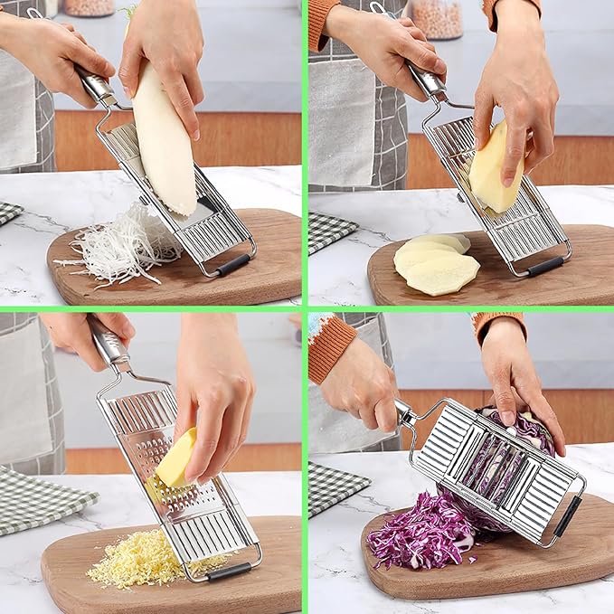 Suuker 4 in 1 Vegetable Cutter with Cheese Grater, Carrot Grater, Cabbage Shredder, Cucumber Slicer - Stainless Steel Mandoline Slicer for Kitchen