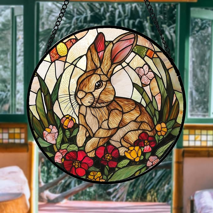 Stained Glass Window Hanging, Cute Bunny Flowers Sun Catcher for Window Door Home Decor, Rabbit Suncatcher Christmas Mother's Day Birthday Gifts for Women Men Mom and Nana 11.8 in