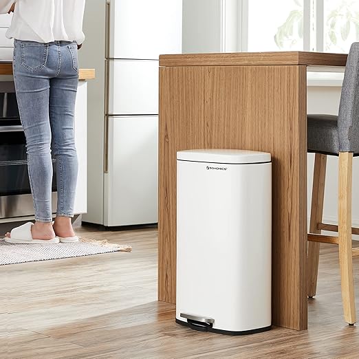 SONGMICS Trash Can with Lid, 8 Gallon Garbage Can, Stainless Steel Small Waste Bin with Step Pedal and Inner Bucket, Soft Close, Kitchen, White ULTB102W01