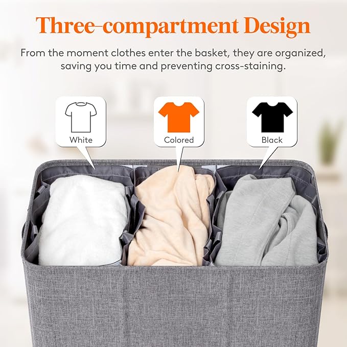 Lifewit Triple Laundry Hamper with Lid and Removable Laundry Bags, Large Collapsible 3 Dividers Dirty Clothes Basket with Handles for Bedroom, Laundry Room, Closet, Bathroom, College, 160L Light Gray