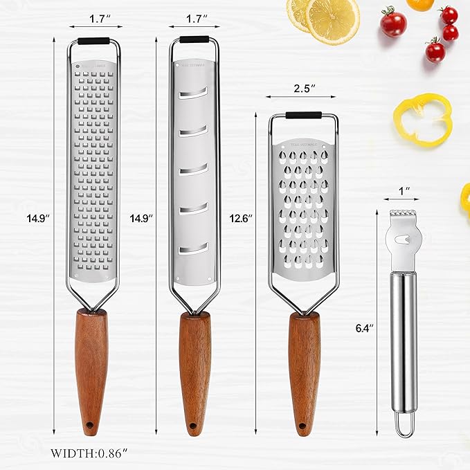 ALLWIN-HOUSEWARE Cheese Grater Zester Set of 5, 304 Stainless Steel with Acacia Wood Handle Kitchen Grater & Peeler & Slicer for Cheese, Lemon, Ginger, Garlic, Nutmeg, Fruits, Vegetables, Chocolate