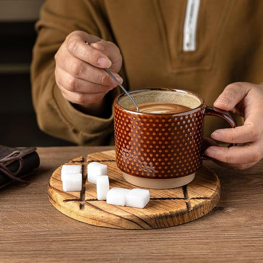 GBHOME 12OZ Stackable Coffee Mugs with Stand, Ceramic Coffee Mugs with Texture Patterns for Man,Woman,Dad,Mom, Modern Coffee Cups Set of 4 for Latte/Cappuccino. Dishwasher&Microwave Safe, Caramel