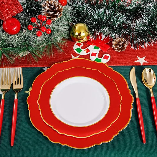 WDF 30Guest Red Christmas Plates - Gold Plastic Silverware With Red Handle - Christmas Plates Disposable- Baroque Plastic Dinnerware for Party
