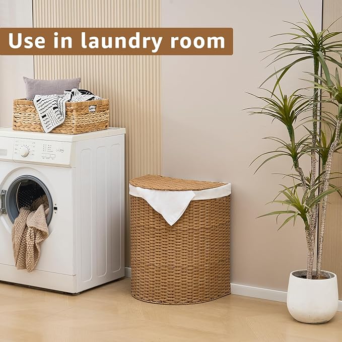 Wicker Half Moon Laundry Basket with Lid and 2 Replaceable Liner Bags, Handwoven Rattan Hamper for Dirty Clothes, Rattan, 120L