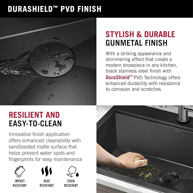 DELTA FAUCET Delta Rivet 25 Inch Black Stainless Steel Drop-in Top Mount 16 Gauge Workstation Kitchen Sink Single Bowl in PVD Gunmetal Finish with WorkFlow Ledge and Accessories, 95A9031-T25S-GS