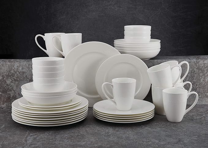 Mikasa Annabelle Bone China 40-Piece Dinnerware Set, Service for 8, Lightweight and Chip-Resistant White Porcelain with Elegant Design
